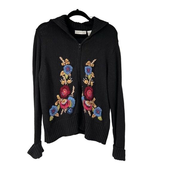 Vintage Black Floral Embroidered Full Zip Large Collar Sweater‎ - Picture 1 of 6
